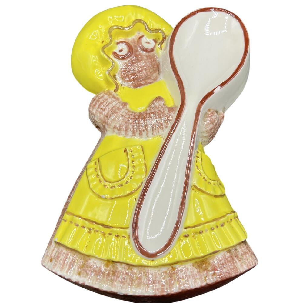 🥄 Vintage Ceramic Bonnet Girl Spoon Rest Yellow Brown Cottage Kitchen Retro 70s
